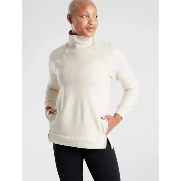 Athleta Oatmeal Cozy Karma Funnel Neck Side Zip Pullover Sweatshirt Size M - Picture 1 of 10